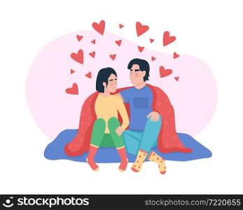 Couple cuddling 2D vector isolated illustration. People in love spending time together. Boyfriend and girlfriend flat characters on cartoon background. Partners hugging under blanket colourful scene. Couple cuddling 2D vector isolated illustration