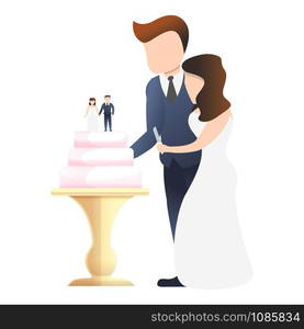 Couple cut wedding cake icon. Cartoon of couple cut wedding cake vector icon for web design isolated on white background. Couple cut wedding cake icon, cartoon style