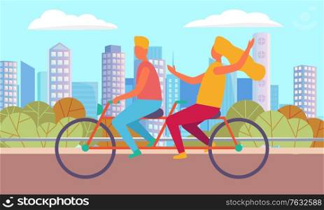 Couple cycling in city, girlfriend and boyfriend driving near buildings. People on bicycle outdoor, man and woman activity, lovers biking on street. Vector illustration in flat cartoon style. Man and Woman on Bicycle in City, Activity Vector