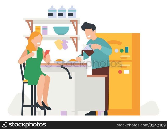 Couple daily routine. Everyday activity. Guy and girl living together. Home kitchen. Young man and woman take breakfast. Family lifestyle. People eat meal or drink morning coffee. Vector illustration. Couple daily routine. Everyday activity. Guy and girl living together. Home kitchen. Man and women take breakfast. Family lifestyle. People eat meal or drink coffee. Vector illustration