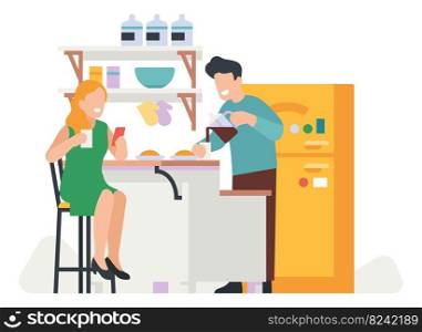 Couple daily routine. Everyday activity. Guy and girl living together. Home kitchen. Young man and woman take breakfast. Family lifestyle. People eat meal or drink morning coffee. Vector illustration. Couple daily routine. Everyday activity. Guy and girl living together. Home kitchen. Man and women take breakfast. Family lifestyle. People eat meal or drink coffee. Vector illustration