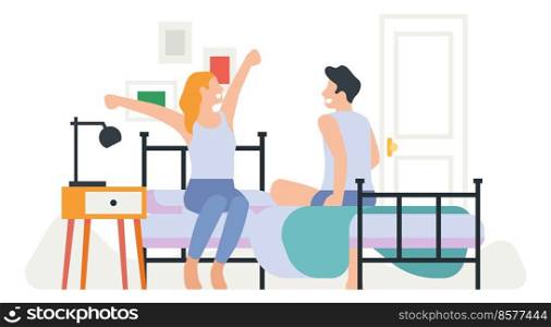 Couple daily routine. Everyday activity. Guy and girl living together. Morning wake up. Young man and woman on bed. Home bedroom scene. Husband and wife rest. Happy family relax. Vector illustration. Couple daily routine. Everyday activity. Guy and girl living together. Morning wake up. Man and woman on bed. Home bedroom scene. Husband and wife rest. Family relax. Vector illustration