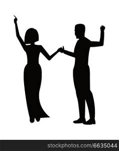 Couple dancing at party and enjoying each other, black silhouettes of woman wearing dress and man in suit on vector illustration isolated on white. Couple Dancing at Party on Vector Illustration