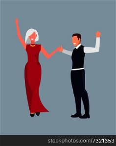 Couple dancing at party and enjoying each other, woman wearing red dress and man in suit on vector illustration isolated on purple, cute lovers. Couple Dancing at Party on Vector Illustration