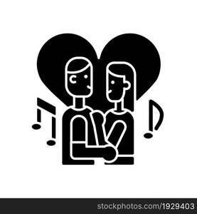 Couple dancing black glyph icon. Married young people slow dancing. Dance lesson for couple. Party activities for lovers. Silhouette symbol on white space. Vector isolated illustration. Couple dancing black glyph icon