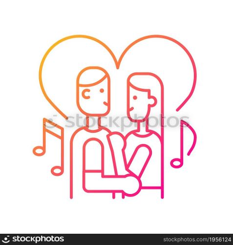 Couple dancing gradient linear vector icon. Married young people slow dancing. Dance lesson, party for couple. Thin line color symbol. Modern style pictogram. Vector isolated outline drawing. Couple dancing gradient linear vector icon