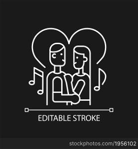 Couple dancing white linear icon for dark theme. Married people slow dance. Dance lesson for couple. Thin line customizable illustration. Isolated vector contour symbol for night mode. Editable stroke. Couple dancing white linear icon for dark theme