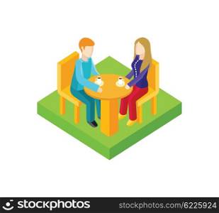 Couple date in cafe isometric design. Couple in cafe, date man and woman, love people, romantic lover, valentine togetherness, isometric date man and woman. Coffee and romance. Vector illustration