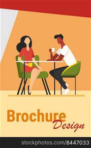 Couple dating in coffee shop. Young man and woman drinking coffee together flat vector illustration. Romantic meeting, romance concept for banner, website design or landing web page