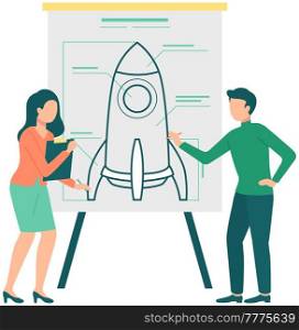 Couple discussing new project plan. Man and woman brainstorming rocket poster. Presentation of business strategy concept. People discussing business idea for startup on poster on background. Presentation of business strategy, rocket launch. People are discussing new idea for startup