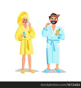 Couple Doing Morning Routine In Bathroom Vector. Man Brushing Teeth And Woman Removing Makeup From Face In Bathroom. Characters Wearing Bathrobe Have Hygiene Treatment Flat Cartoon Illustration. Couple Doing Morning Routine In Bathroom Vector
