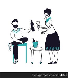 Couple drink together. Waiter and client, man in cafe or restaurant. Vacation, holiday time. Flat woman holding glass and male with bottle vector character. Illustration man in cafe at table with wine. Couple drink together. Waiter and client, man in cafe or restaurant. Vacation, holiday time. Flat woman holding glass and male with bottle vector characters