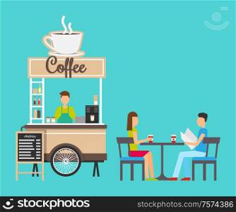 Couple drinking coffee bought from stand vector. People with latte poured in plastic mugs, espresso and cappuccino options. Man selling beverages barista. Coffee Stand Seller in Store, Clients by Table