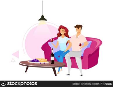 Couple drinking red wine flat color vector illustration. Man and woman on sofa in cosy living room. Male and female characters with glassfuls of alcohol beverage. Isolated cartoon character on white