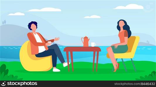 Couple drinking tea in cafe on nature. Lake, cup, rest flat vector illustration. Vacation and leisure concept for banner, website design or landing web page