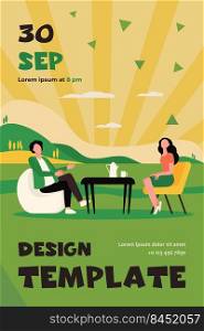 Couple drinking tea in cafe on nature. Lake, cup, rest flat vector illustration. Vacation and leisure concept for banner, website design or landing web page