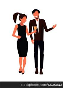 Couple drinking white wine, talking and enjoying each other&rsquo;s company, woman with ponytail and man in brown jacket vector illustration. Couple Drinking and Talking Vector Illustration