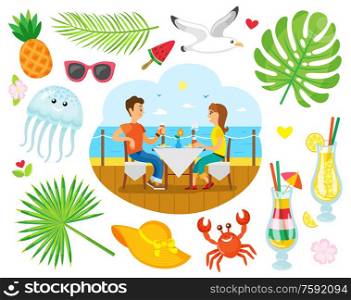 Couple eating near sea shore, summer vacation vector. Man and woman at table, gull and jellyfish, pineapple and cocktails, crab and straw hat, palm leaves. Summer Vacation, Couple Eating near Sea Shore