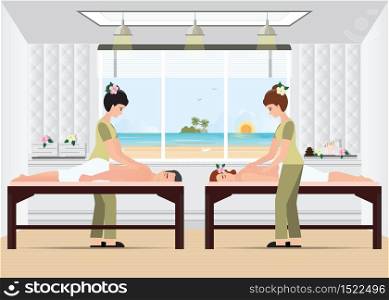 Couple enjoying full body massage treatment from masseur in a spa, vector illustration.