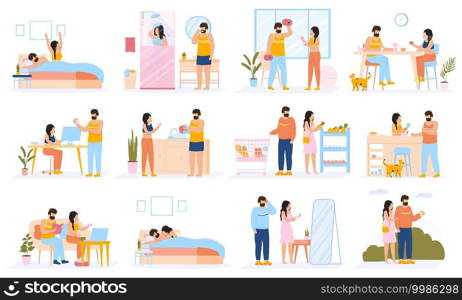 Couple everyday routine. Daily leisure and work activities of young couple, happy family lifestyle. Everyday couple life scenes vector illustration set. Couple routine, woman and man daily activity. Couple everyday routine. Daily leisure and work activities of young couple, happy family lifestyle. Everyday couple life scenes vector illustration set