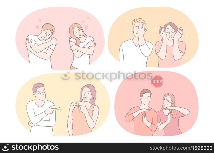 Couple expressing different emotions and signs with hands concept. Young couple cartoon characters showing embracing, care, stop sign, covering face and eyes with hands, pointing at each other. Couple expressing different emotions and signs with hands concept