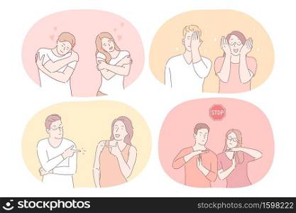 Couple expressing different emotions and signs with hands concept. Young couple cartoon characters showing embracing, care, stop sign, covering face and eyes with hands, pointing at each other. Couple expressing different emotions and signs with hands concept