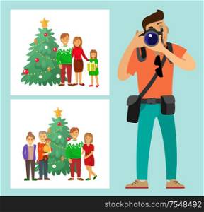 Couple family standing by Christmas tree photo vector. Mother and father, grandmother and grandfather evergreen pine photoshoot photographer with camera. Couple Family Standing by Christmas Tree Photo