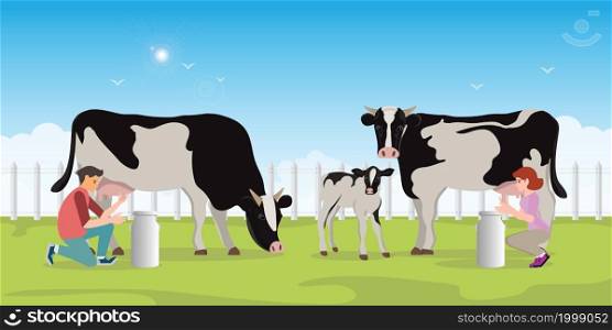 Couple farmer milking cow in bucket in a field. Good sunny day on nature background.vecter illustration.