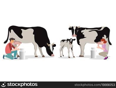 Couple farmer milking cow in bucket isolated on white background. vecter illustration.