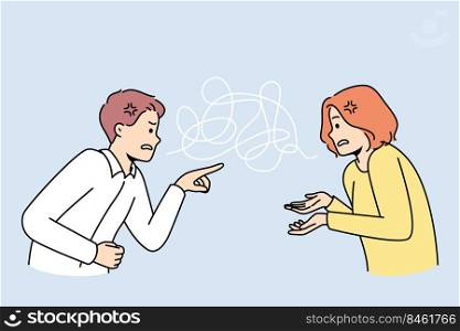 Couple fight involved in toxic relationship blaming each other. Man and woman argue lead to breakup or divorce. Relation problem. Vector illustration.. Couple fight having misunderstanding