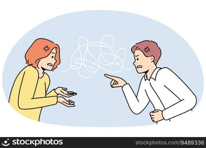 Couple fight involved in toxic relationship blaming each other. Man and woman argue lead to breakup or divorce. Relation problem. Vector illustration.. Couple fight having misunderstanding