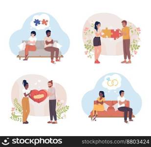Couple fixing relationship 2D vector isolated illustration set. Marriage problems. Conflict flat characters on cartoon background. Colorful editable scene for mobile, website, presentation. Couple fixing relationship 2D vector isolated illustration set