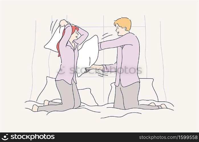 Couple. fun, recreation, fight concept. Young happy laughing smiling man woman boyfriend girlfriend fighting kicking pillows in bed at home. Active joint leisure time and funny lifestyle illustration.. Couple. fun, love, recreation, fight concept