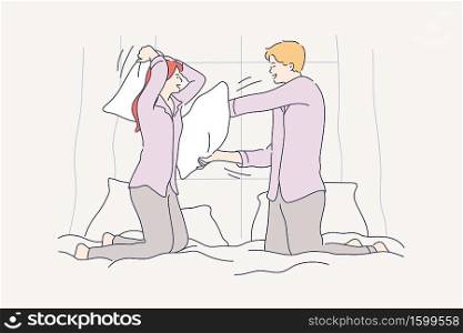 Couple. fun, recreation, fight concept. Young happy laughing smiling man woman boyfriend girlfriend fighting kicking pillows in bed at home. Active joint leisure time and funny lifestyle illustration.. Couple. fun, love, recreation, fight concept