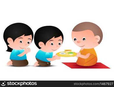 couple give food to monk cartoon version design