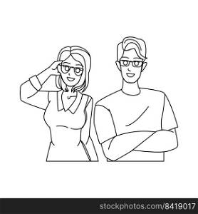 couple glasses line pencil drawing vector. woman happy, man young love, portrait girl, smile lifestyle, male fashion eyewear couple glasses character. people Illustration. couple glasses vector