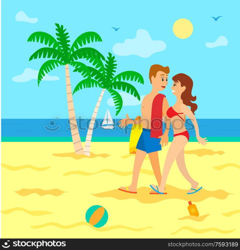Couple going in sand,woman in swimsuit holding man with towel, portrait view of people on beach. Palm tree and surf, sailboat on sea, clouds and sun vector. People on Beach in Swimsuit, Going in Sand Vector