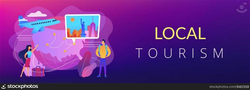Couple going on holiday vacation, around world journey. Travel agency tour. Inside country traveling, local tourism, learn your country concept. Header or footer banner template with copy space.. Inside country traveling concept banner header.