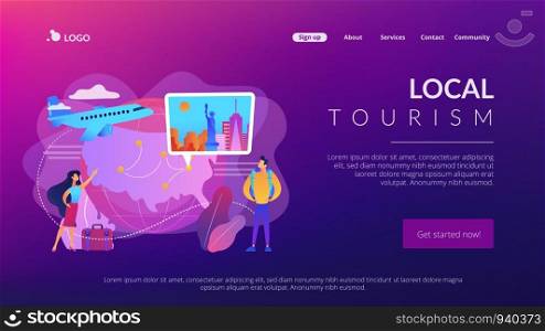 Couple going on holiday vacation, around world journey. Travel agency tour. Inside country traveling, local tourism, learn your country concept. Website homepage landing web page template.. Inside country traveling concept landing page.