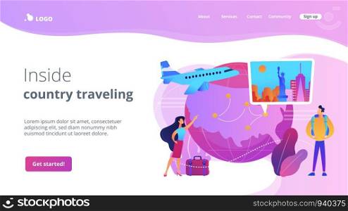 Couple going on holiday vacation, around world journey. Travel agency tour. Inside country traveling, local tourism, learn your country concept. Website homepage landing web page template.. Inside country traveling concept landing page.