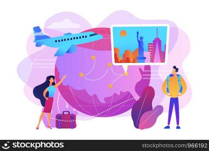 Couple going on holiday vacation, around world journey. Travel agency tour. Inside country traveling, local tourism, learn your country concept. Bright vibrant violet vector isolated illustration. Inside country traveling concept vector illustration.