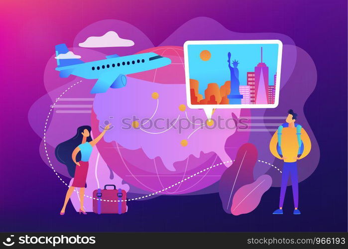 Couple going on holiday vacation, around world journey. Travel agency tour. Inside country traveling, local tourism, learn your country concept. Bright vibrant violet vector isolated illustration