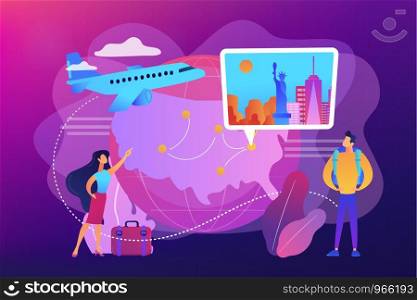 Couple going on holiday vacation, around world journey. Travel agency tour. Inside country traveling, local tourism, learn your country concept. Bright vibrant violet vector isolated illustration