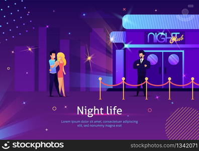 Couple Going to Night Club through Security Check Banner Vector Illustration. Man and Woman Spending Night Life Actively. Guard Standing near Entrance to Party Event. Characters hugging.. Couple Going to Night Club through Security Check.