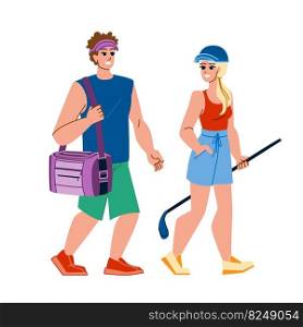 couple golf vector. sport woman, man leisure, lifestyle golfer, outdoor, course, happy green hobby couple golf character. people flat cartoon illustration. couple golf vector