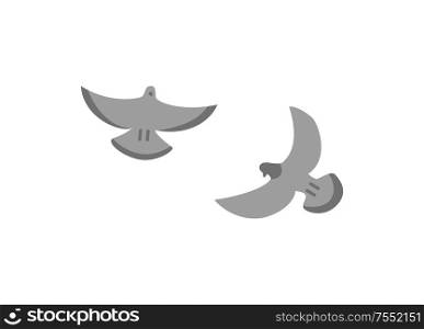 Couple grey doves isolated on white, stock vector in flat style illustration. Stylized of free volant animals emblem. Flying little birds with beaks. Couple Grey Flying Doves Isolated on White Vector