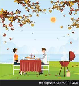 Couple grilling meat and picnic table under bright color autumn trees, Grill and BBQ party,vector illustration.