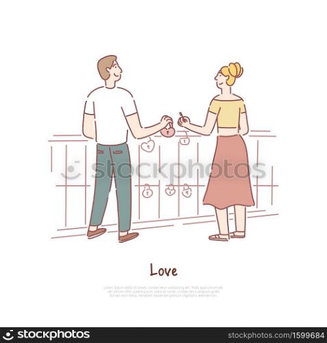 Couple hanging padlock on love bridge, boyfriend and girlfriend dating, affection, confession banner template. Valentines Day, romance concept cartoon sketch. Flat vector illustration. Couple hanging padlock on love bridge, boyfriend and girlfriend dating, affection, confession banner template
