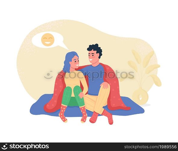 Couple happy talking 2D vector isolated illustration. Conversation with partner. Couple sitting under blanket at home flat characters on cartoon background. Romantic relationship colourful scene. Couple happy talking 2D vector isolated illustration