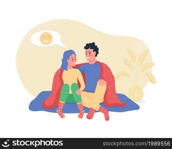 Couple happy talking 2D vector isolated illustration. Conversation with partner. Couple sitting under blanket at home flat characters on cartoon background. Romantic relationship colourful scene. Couple happy talking 2D vector isolated illustration